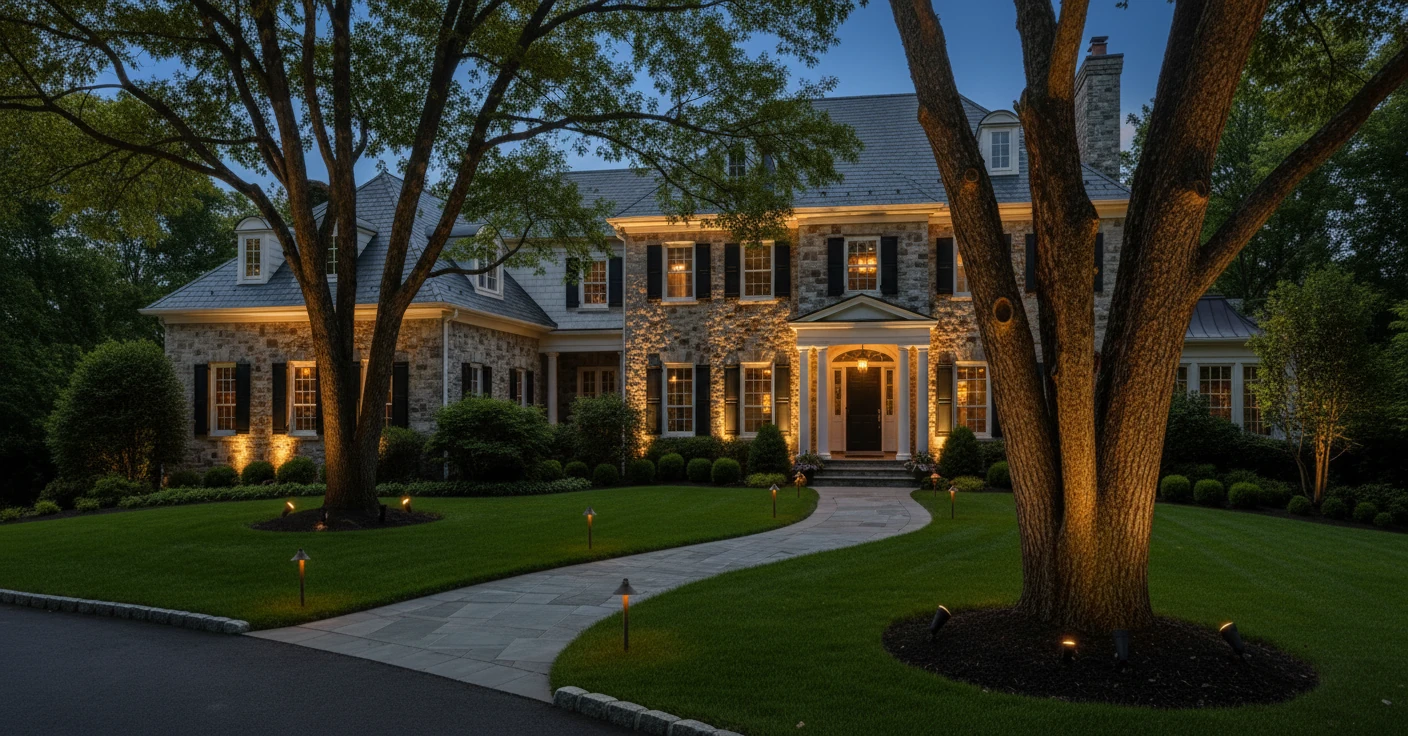 Home exterior after landscape lighting installation